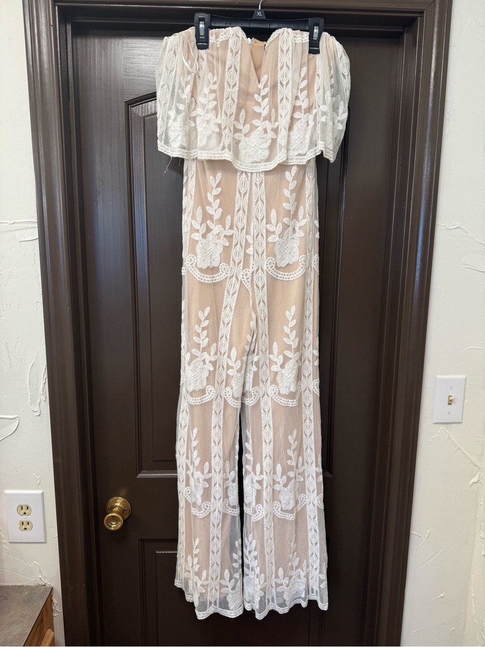 Aakaa Strapless Lace Overlay Jumpsuit in Nude and White Embroidery